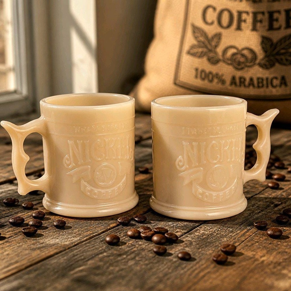 Vintage Whataburger Butterscotch Glass Buffalo Nickel Coffee Mugs Pair